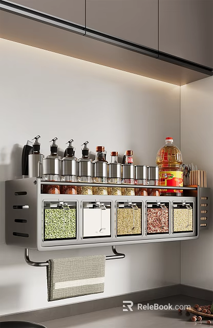 Modern Kitchen Storage Rack With Multiple Spice Jars And Containers 3d model 