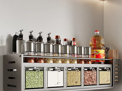 Modern Kitchen Storage Rack With Multiple Spice Jars And Containers 3d model