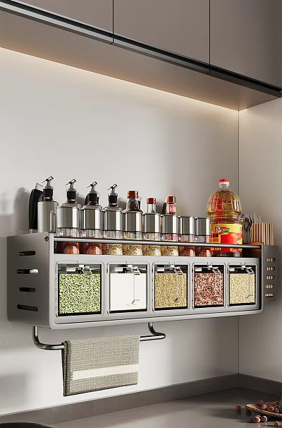 Modern Kitchen Storage Rack With Multiple Spice Jars And Containers 3d model