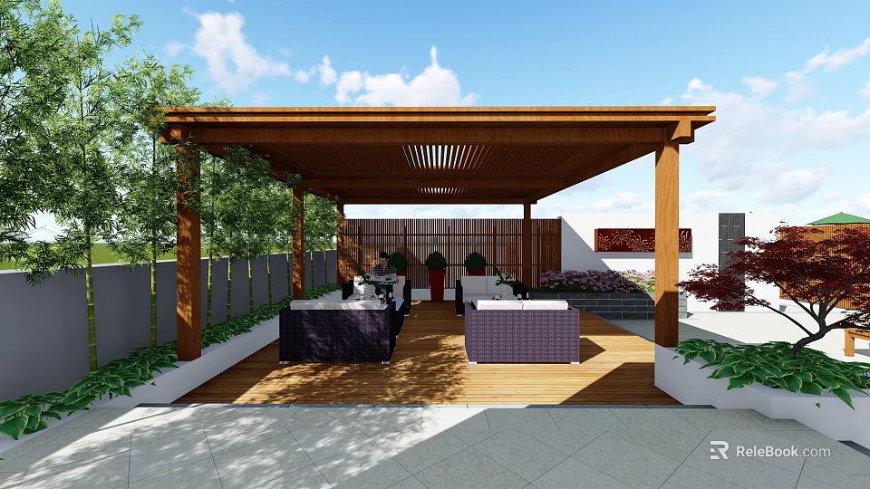Rooftop Garden Featuring Wooden Pergola Wooden Deck Comfortable Sofas And Green Plants 3d model 