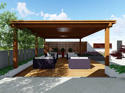 Rooftop Garden Featuring Wooden Pergola Wooden Deck Comfortable Sofas And Green Plants 3d model
