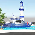 Blue Sea and Sky Yacht Club With Blue White Lighthouse Yacht Palm Trees And Water
