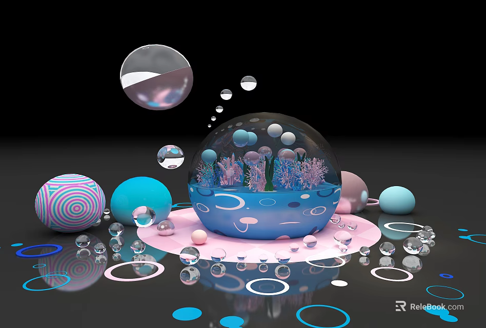 Abstract Colorful Geometric Scene With Transparent Spheres Bubbles And Reflective Surfaces 3d model