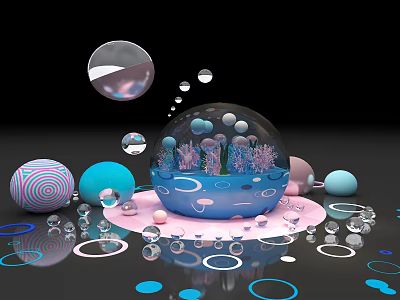 Abstract Colorful Geometric Scene With Transparent Spheres Bubbles And Reflective Surfaces 3d model