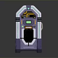Purple Futuristic Machine With Green Display Yellow Pipes And Hexagonal Panel