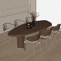 Wooden Oval Dining Table And Six Chairs Set With Vase Flowers In Light Room