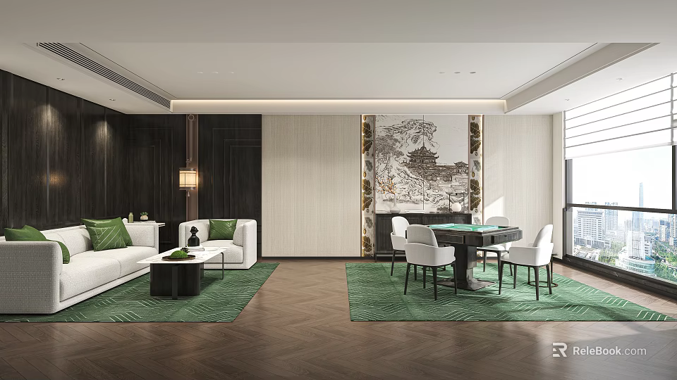 Hotel Mahjong Room With Modern Design White Sofas Green Cushions Rugs And Decorative Painting 3d model 