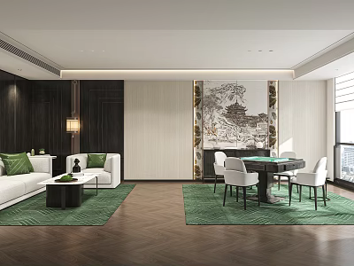 Hotel Mahjong Room With Modern Design White Sofas Green Cushions Rugs And Decorative Painting 3d model
