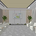 Modern Conference Room With White Sofas Large Screen Charts Green Plants And Landscape Painting