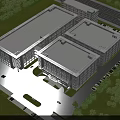 Aerial View Planning of Modern Commercial Building With Multiple Windows Parking Lot and Surrounding Greenery