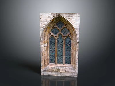 Gothic Style Decorative Furniture With Arched Stained Glass And Stone Frame Design Elements 3d model