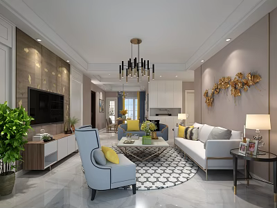 Elegant Modern Living Dining Room Interior With Sofa Armchair Chandelier TV Unit And Green Plant 3d model