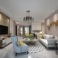Elegant Modern Living Dining Room Interior With Sofa Armchair Chandelier TV Unit And Green Plant