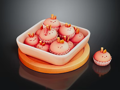 Rabbit Shaped Pink Cupcakes In White Square Tray On Wooden Base 3d model