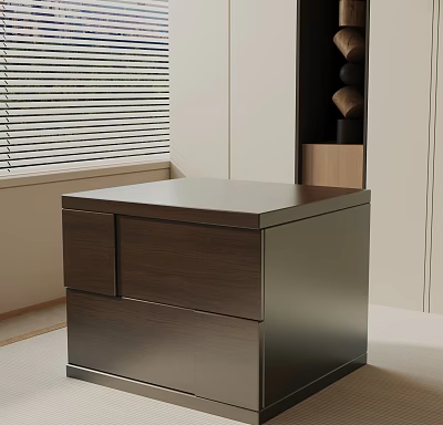 Modern Bedside Table With Wooden Drawers And Metal Frame Near Window With Blinds 3d model