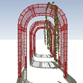 Red Arched Latticed Pergola Structure With Climbing Vines And Garden Design