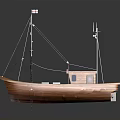 Detailed Wooden Boat With Mast Ropes Fishing Net Small Cabin And Blue Containers
