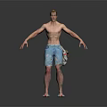 Shirtless Muscular Man In Ripped Blue Denim Shorts Colorful Sneakers Backpack Standing Gray Background