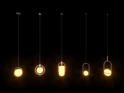 Modern Pendant Lights With Different Designs Illuminated In Yellow Glow On Black Background 3d model