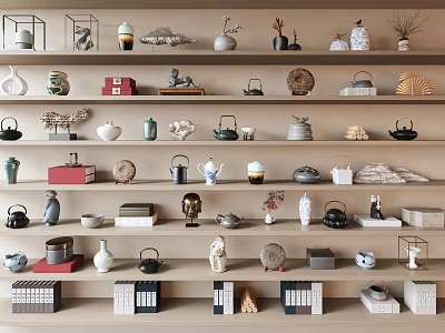 Assorted Decorative Ornaments Combination Showcased On Multi Layer Wooden Shelves With Diverse Figurines And Vases 3d model