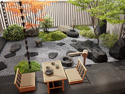 Karesansui Japanese Zen Garden With Stones Gravel Moss Green Plants And Wooden Furniture 3d model
