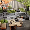 Karesansui Japanese Zen Garden With Stones Gravel Moss Green Plants And Wooden Furniture