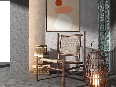 Rustic Single Chair With Rattan Seat Wooden Frame Decorative Lantern Near Abstract Wall Art 3d model
