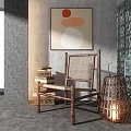 Rustic Single Chair With Rattan Seat Wooden Frame Decorative Lantern Near Abstract Wall Art