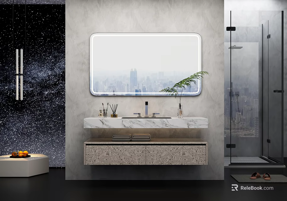 Modern Bathroom Set With Large Mirror Marble Vanity Plant And Glass Shower Enclosure 3d model 