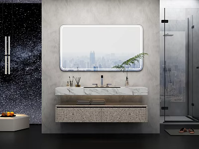 Modern Bathroom Set With Large Mirror Marble Vanity Plant And Glass Shower Enclosure 3d model