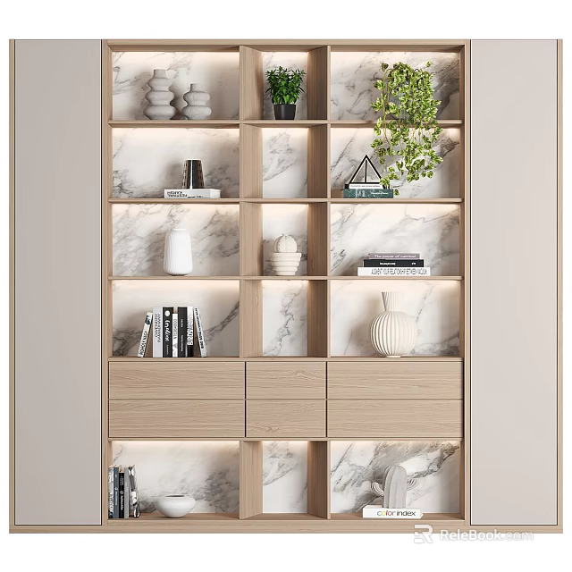 Modern Decorative Cabinet With Marble Backdrop Multiple Shelves Green Plants Books Vases And Drawers 3d model 