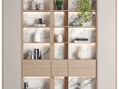 Modern Decorative Cabinet With Marble Backdrop Multiple Shelves Green Plants Books Vases And Drawers 3d model
