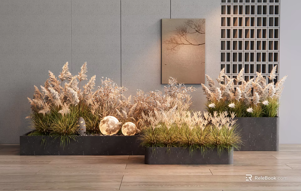 Modern Indoor Flower Planters With Dried Grasses Decorative Spherical Lights And Grid Wall Art 3d model 