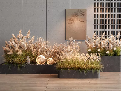 Modern Indoor Flower Planters With Dried Grasses Decorative Spherical Lights And Grid Wall Art 3d model