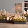 Modern Indoor Flower Planters With Dried Grasses Decorative Spherical Lights And Grid Wall Art