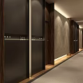 Elegant Hotel Corridor With Wooden Panels Soft Lighting Room Number Signs And Carpeted Floor