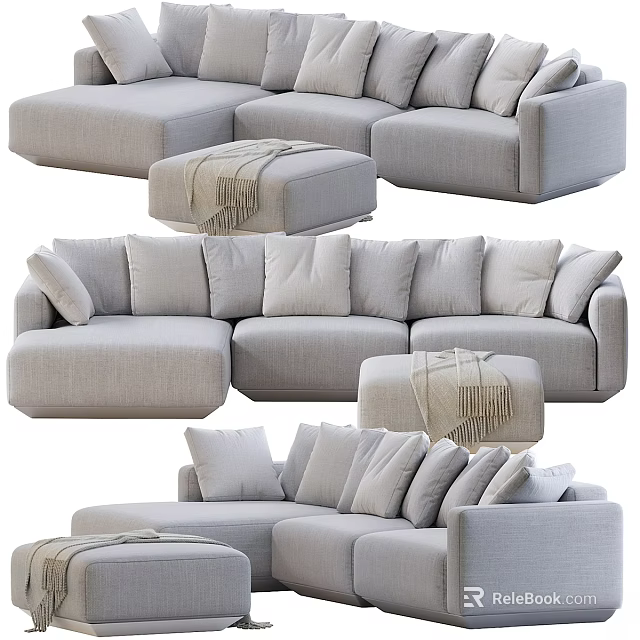 Grey Sectional Sofa Set With Ottoman Throw Blanket And Decorative Pillows 3d model