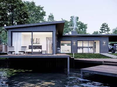 Lakefront Detached Villa With Modern Design Large Windows Terrace And Natural Surroundings 3d model