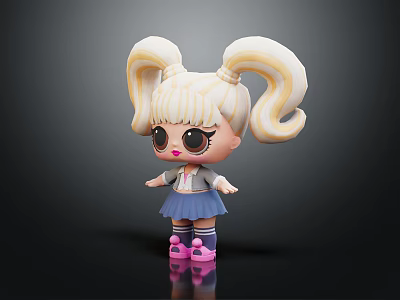 Cute Blonde Doll with Curly Pigtails Big Eyes Gray Coat Blue Skirt and Pink Shoes 3d model