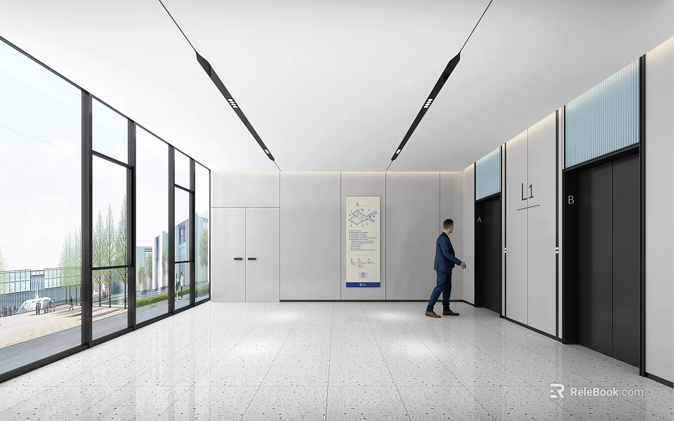 Modern Spacious Elevator Lobby Interior With Glass Windows Linear Lights And Man In Suit 3d model