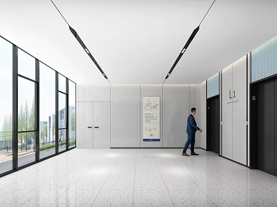 Modern Spacious Elevator Lobby Interior With Glass Windows Linear Lights And Man In Suit 3d model