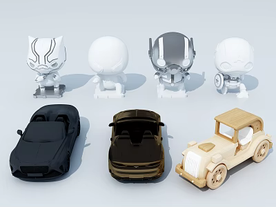 Assorted Robot Figurines And Toy Cars Display On White Surface 3d model