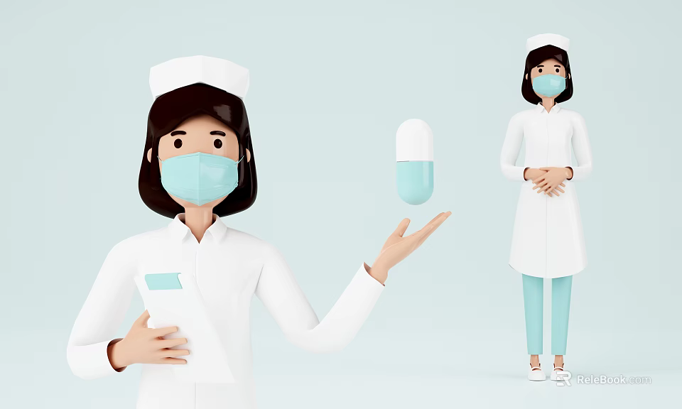 Nurse Wearing White Uniform Holding Medical Capsule With Mask And Folder 3d model 