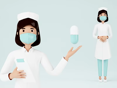 Nurse Wearing White Uniform Holding Medical Capsule With Mask And Folder 3d model