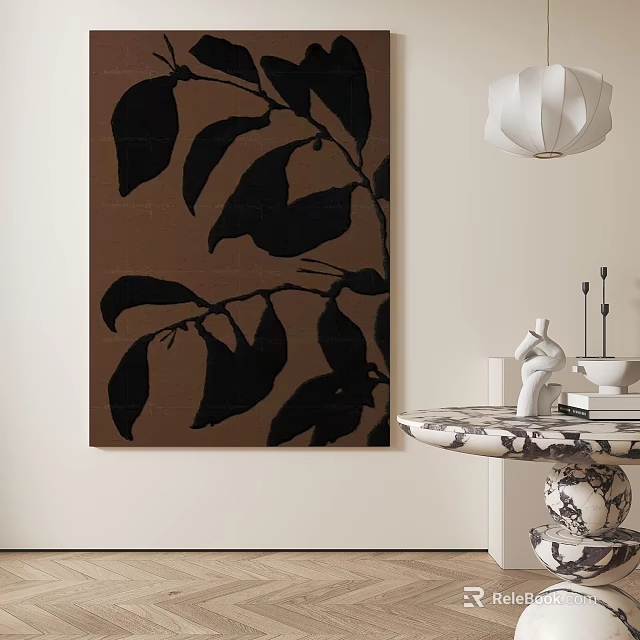 Minimalist Abstract Painting With Black Leaf Pattern On Brown Background Wall Art 3d model