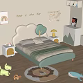Cute Kids Bed with Cloud Tree Headboard Light Green White and Nightstand Lamp Rainbow Decor