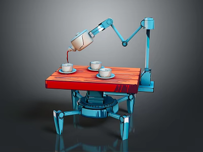 Robotic Arm Pouring Coffee Into Cups On Wooden Table With Mechanical Legs 3d model