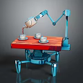 Robotic Arm Pouring Coffee Into Cups On Wooden Table With Mechanical Legs