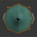 3D Modeled Cartoon Building With Teal Pointed Roof Wooden Structure Stone Base And Small Window