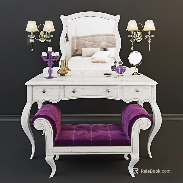 Elegant White Dressing Table With Purple Velvet Chair Mirror And Decorative Lamps 3d model 